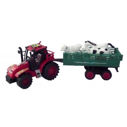 Tracteur + remorque et animaux 32 cm rouge.