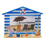 Cadre photo cabine de plage rayée bleue et blanche