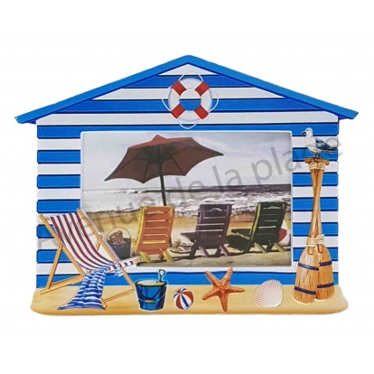 Cadre photo cabine de plage rayée bleue et blanche