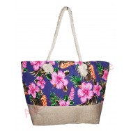 Sac de plage fleurs d'hibiscus et toile de jute