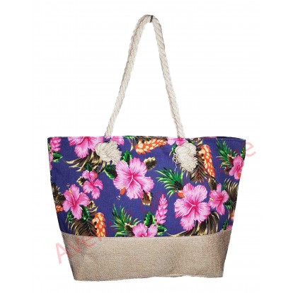 Sac de plage fleurs d'hibiscus et toile de jute