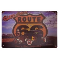 Plaque vintage Pin-up et son hot rod sur la route 66
