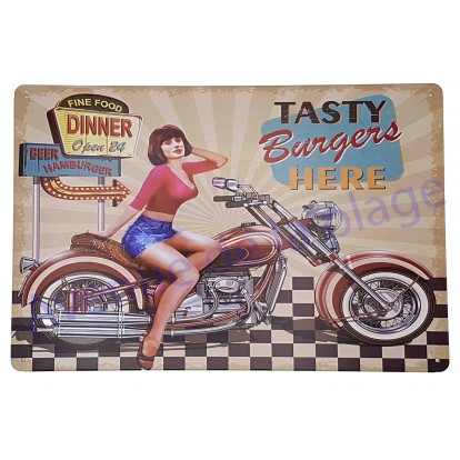 Plaque vintage Pin-up sur moto Dinner Tasty Burgers