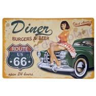 Plaque vintage Pin-up voiture ancienne Diner Route 66