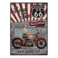 Plaque carton vintage Pin-up sur moto Road Trip