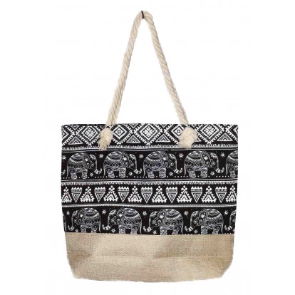 Sac de plage éléphant noir et toile de jute