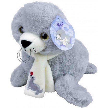 Peluche bébé phoque gris 28 cm avec écharpe