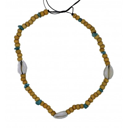 Collier ras de cou 3 coquillages Cauris et perles bois claires
