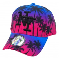 Casquette NY palmiers couché de soleil rose/bleu
