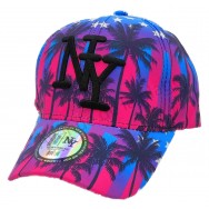 Casquette NY palmiers ciel bleu et rose étoilé