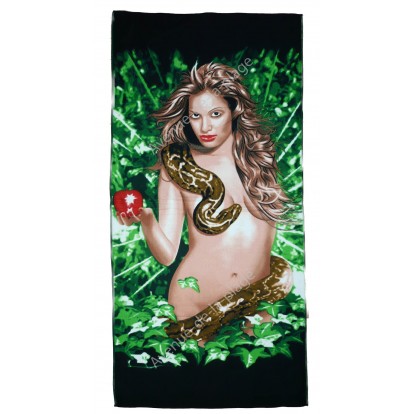 Drap de bain microfibre Femme sexy "Eve dans le jardin d'Eden" - Ultra absorbante, compacte, légère.