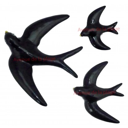 Set de 3 hirondelles noires en faïence à accrocher au mur, décoration de jardin.