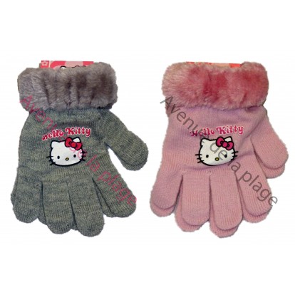 Gants Hello Kitty fausse fourrure gris et rose.