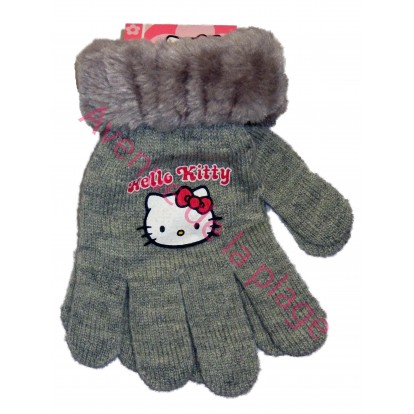Gants Hello Kitty fausse fourrure gris.