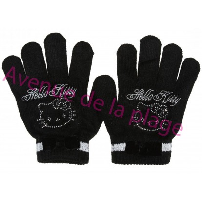 Gants Hello Kitty noeud papillon et strass, couleur noir.
