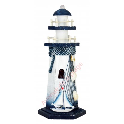 Phare marin en bois 26 cm lumineux, voilier.