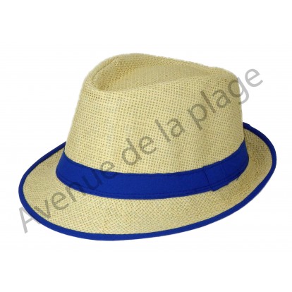 Chapeau Borsalino Paille bordure bleue.