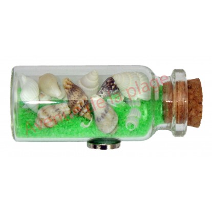 Magnet bouteille de sable vert et coquillages.