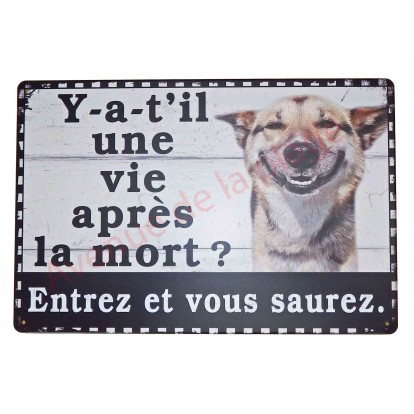 Plaque humoristique attention au chien "Y-a-t'il une vie après la mort ?"