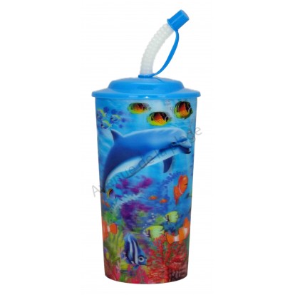 Verre avec paille dauphin 3D, bleu.