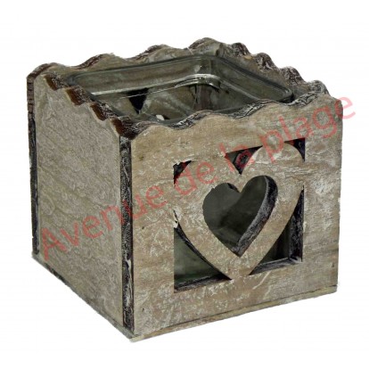 Photophore coeur simple en bois naturel.