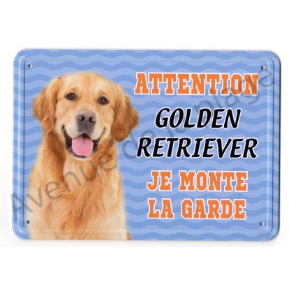 Pancarte métal Attention au chien bleue - Golden Retriever