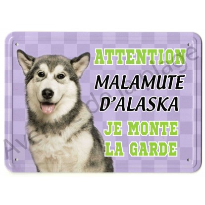 Pancarte métal Attention au chien - Malamute d'Alaska