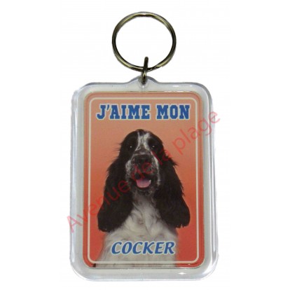 Porte clé J'aime mon chien - Cocker noir et blanc