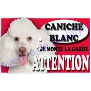 Plaque Attention Je monte la garde - Caniche blanc