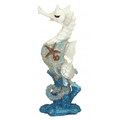 Statuette hippocampe turquoise 20 cm avec tortue