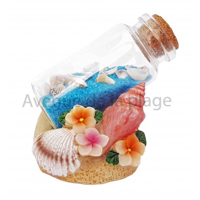 Coquillages sur la plage avec bouteille de sable