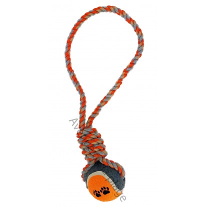 Balle de tennis avec corde orange pour chien.