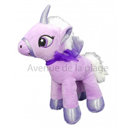 Peluche licorne mauve.