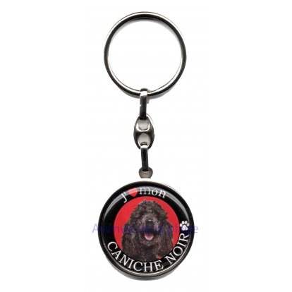 Porte clé rond en métal J'aime mon Caniche noir