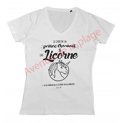 T-shirt humoristique femme "Recherche Prince Charmant et licorne"