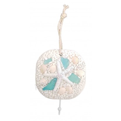 Accroche torchon étoile de mer blanche et coquillages