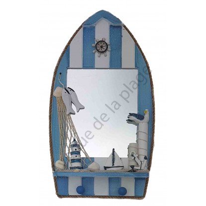 Miroir barque style marin avec mouette, filet, poissons.